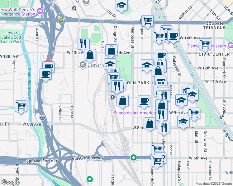 map of restaurants, bars, coffee shops, grocery stores, and more near in Denver