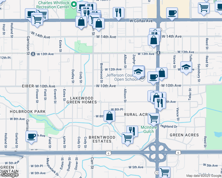map of restaurants, bars, coffee shops, grocery stores, and more near 8181 West 9th Avenue in Lakewood