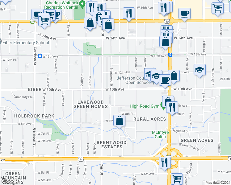 map of restaurants, bars, coffee shops, grocery stores, and more near 8181 West 9th Avenue in Lakewood