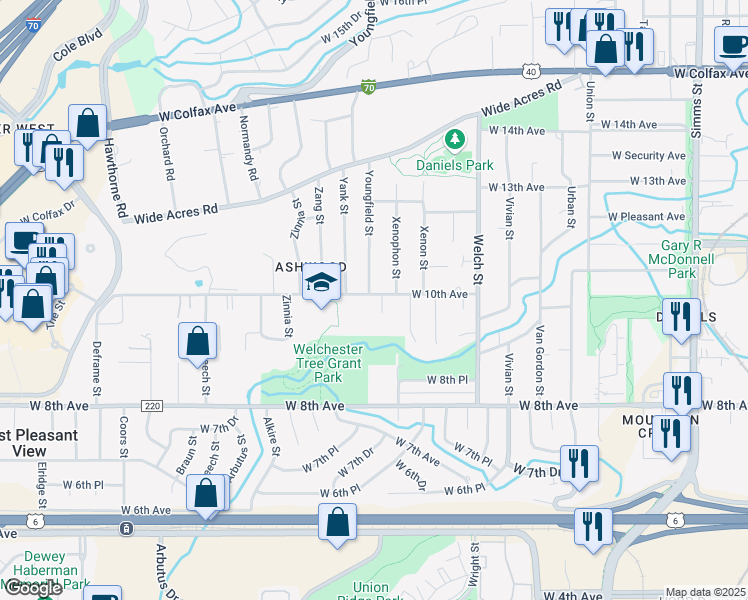 map of restaurants, bars, coffee shops, grocery stores, and more near 975 Xenophon Court in Golden