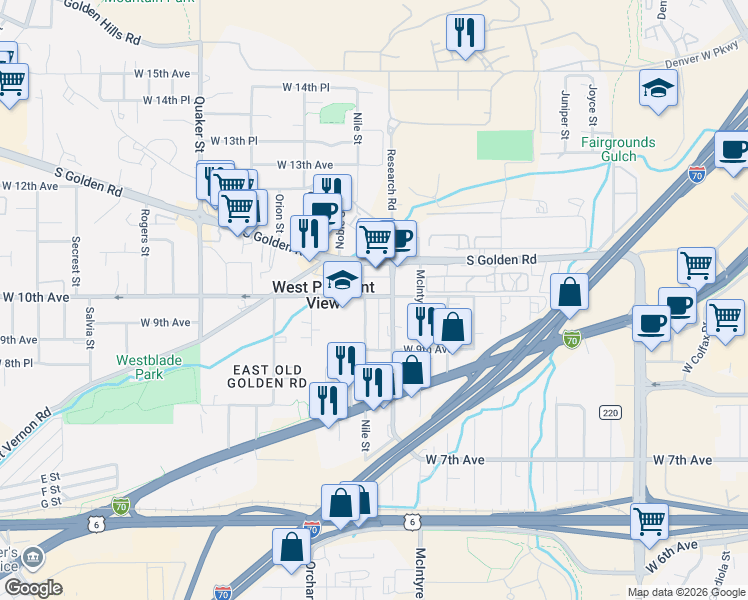 map of restaurants, bars, coffee shops, grocery stores, and more near 960 Nile Street in Golden