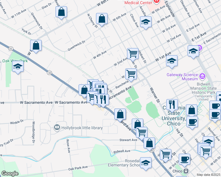 map of restaurants, bars, coffee shops, grocery stores, and more near 920 West Sacramento Avenue in Chico
