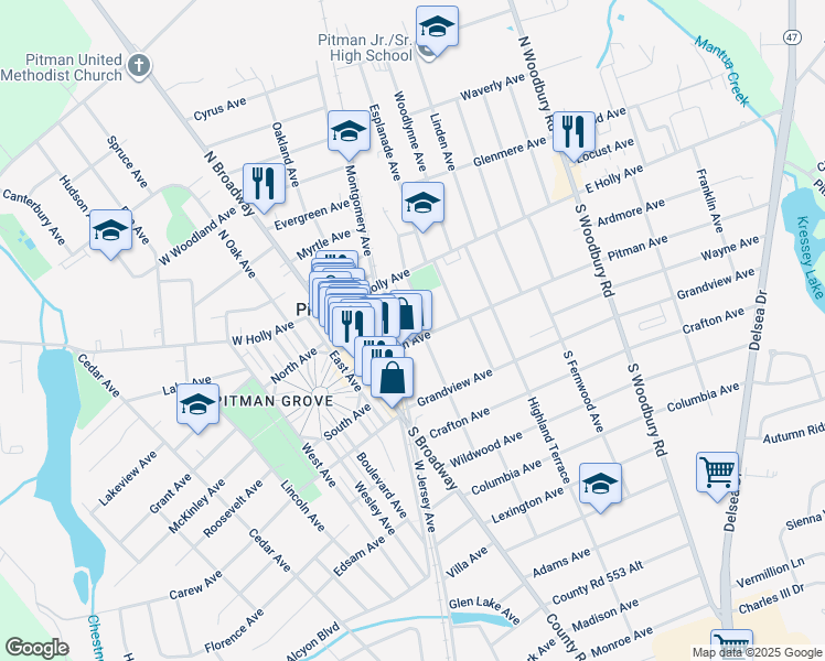 map of restaurants, bars, coffee shops, grocery stores, and more near 118 Oakcrest Avenue in Pitman