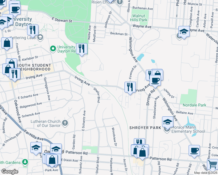 map of restaurants, bars, coffee shops, grocery stores, and more near 210 Shafor Boulevard in Dayton