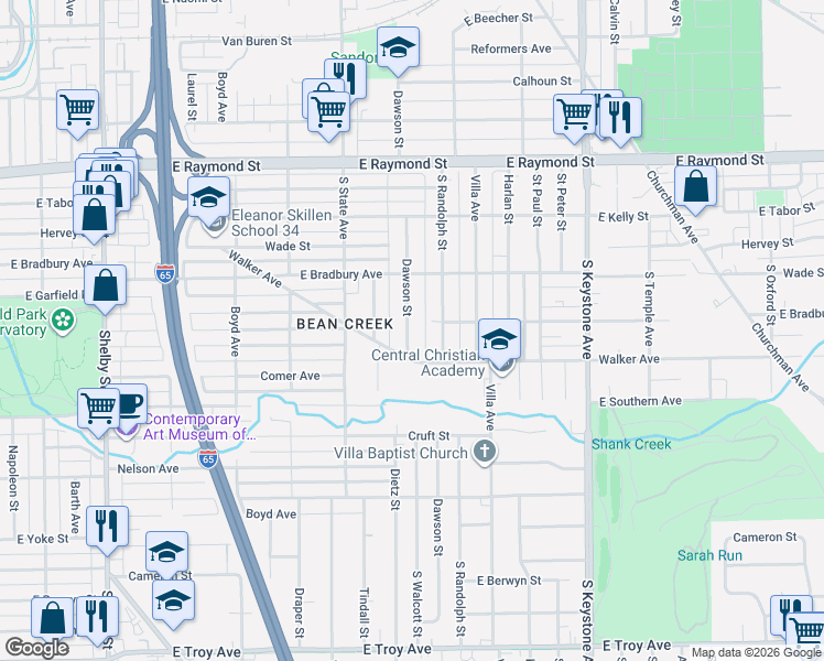 map of restaurants, bars, coffee shops, grocery stores, and more near 2526 South Randolph Street in Indianapolis