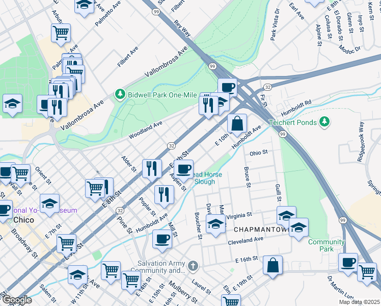 map of restaurants, bars, coffee shops, grocery stores, and more near 1169 East 9th Street in Chico