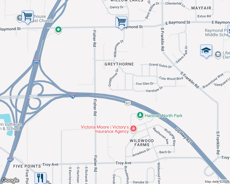 map of restaurants, bars, coffee shops, grocery stores, and more near 7621 Thorney Wood Drive in Indianapolis