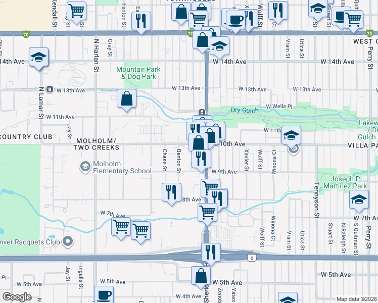 map of restaurants, bars, coffee shops, grocery stores, and more near 955 Sheridan Boulevard in Lakewood