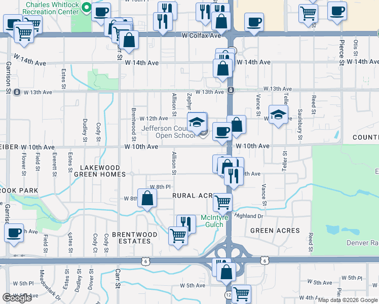 map of restaurants, bars, coffee shops, grocery stores, and more near 7830 West 10th Avenue in Lakewood