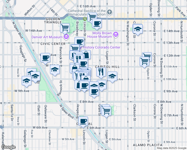 map of restaurants, bars, coffee shops, grocery stores, and more near 150 East 10th Avenue in Denver