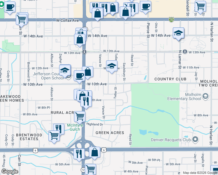 map of restaurants, bars, coffee shops, grocery stores, and more near 990 Upham Street in Denver