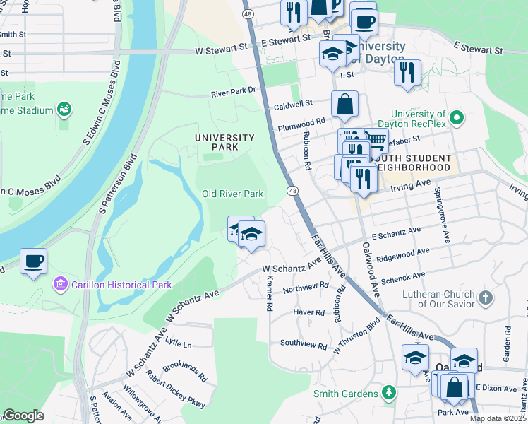 map of restaurants, bars, coffee shops, grocery stores, and more near 300 Old River Trail in Dayton