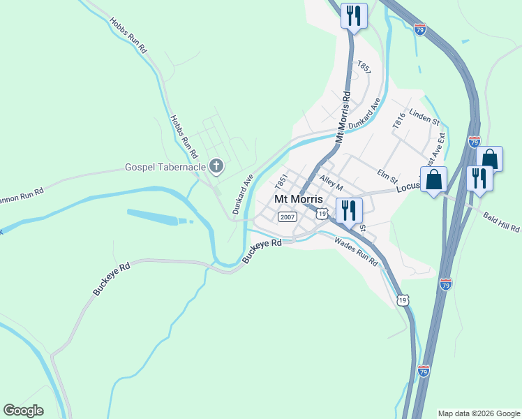 map of restaurants, bars, coffee shops, grocery stores, and more near 100 Main Street in Mount Morris