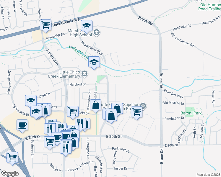 map of restaurants, bars, coffee shops, grocery stores, and more near 2 Notre Dame Boulevard in Chico