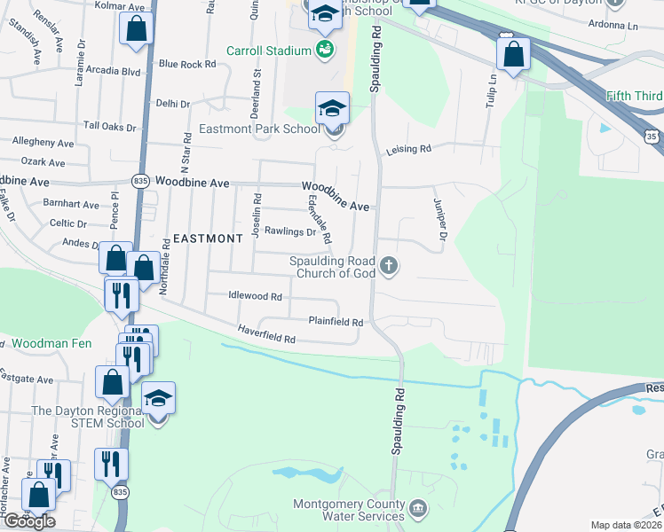 map of restaurants, bars, coffee shops, grocery stores, and more near 5444 Ferngrove Drive in Dayton