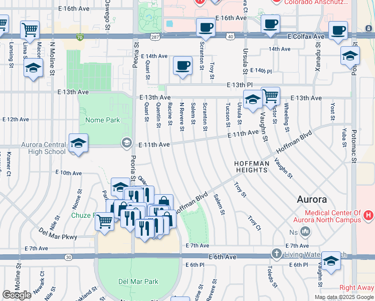 map of restaurants, bars, coffee shops, grocery stores, and more near 1000 North Revere Street in Aurora