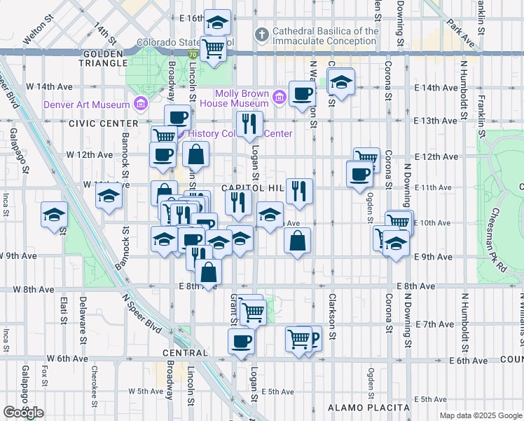 map of restaurants, bars, coffee shops, grocery stores, and more near 1030 Logan Street in Denver