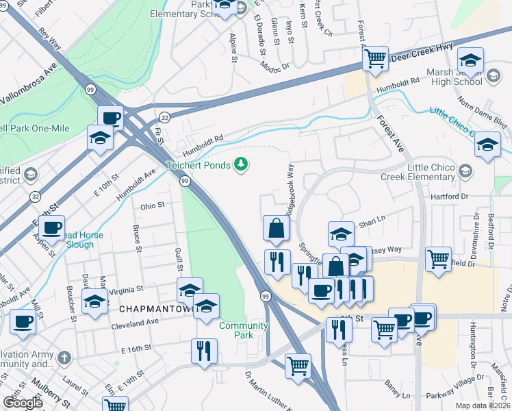 map of restaurants, bars, coffee shops, grocery stores, and more near 1614 Harvest Glen Drive in Chico