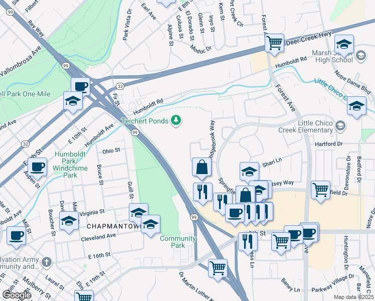 map of restaurants, bars, coffee shops, grocery stores, and more near 1614 Harvest Glen Drive in Chico
