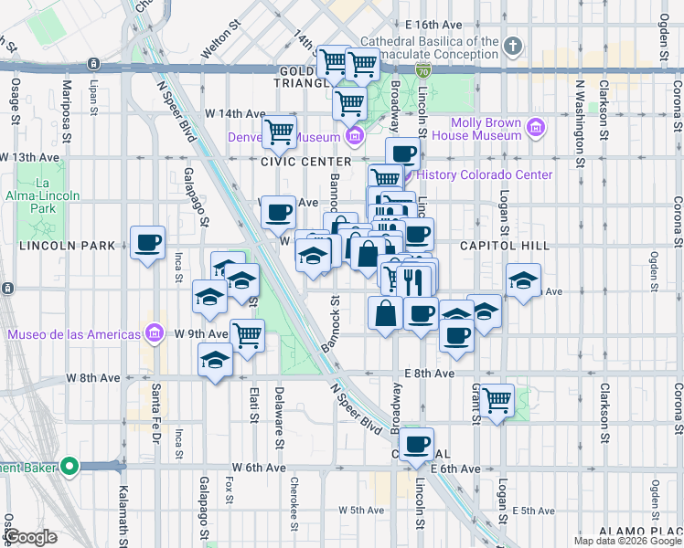 map of restaurants, bars, coffee shops, grocery stores, and more near in Denver
