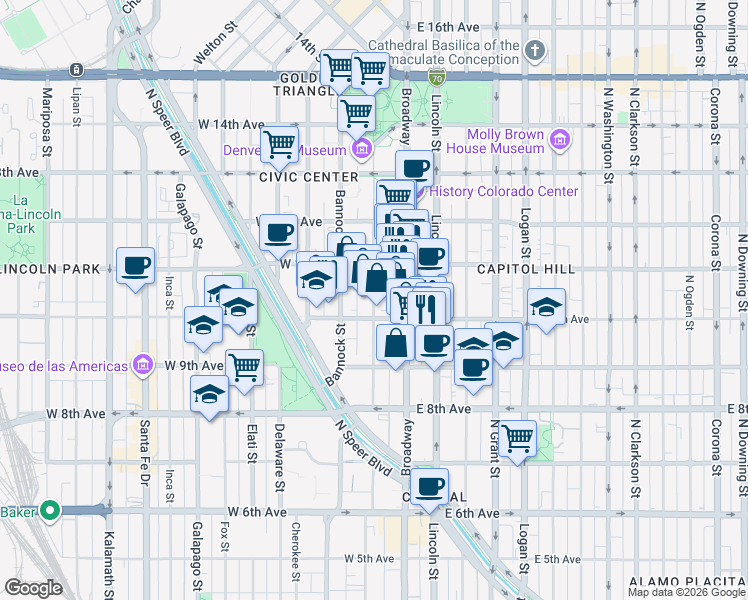 map of restaurants, bars, coffee shops, grocery stores, and more near Acoma Street in Denver