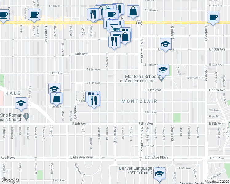 map of restaurants, bars, coffee shops, grocery stores, and more near 1054 Krameria Street in Denver