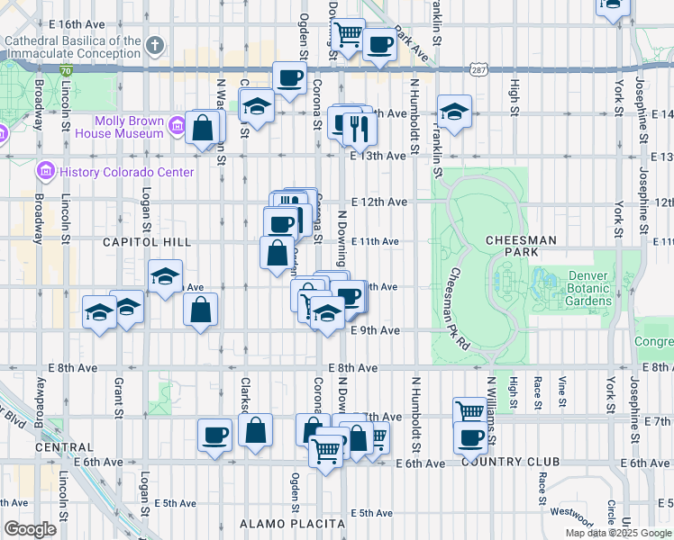 map of restaurants, bars, coffee shops, grocery stores, and more near 1033 Downing Street in Denver