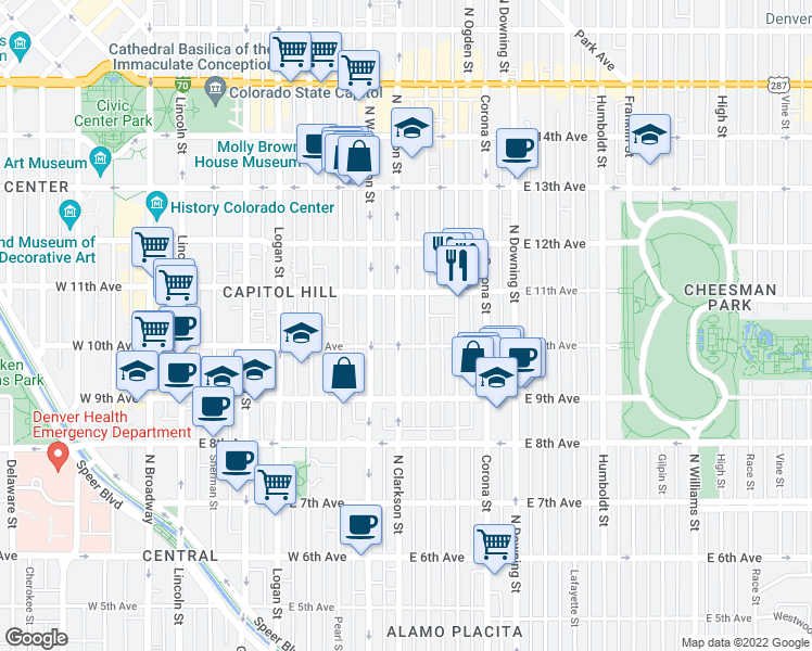map of restaurants, bars, coffee shops, grocery stores, and more near 980 North Clarkson street in Denver