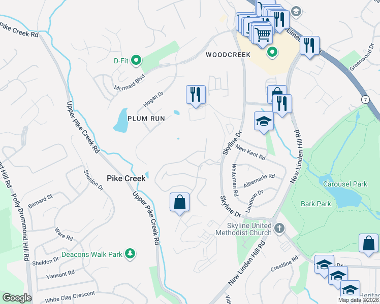 map of restaurants, bars, coffee shops, grocery stores, and more near 5420 Delray Drive in Wilmington