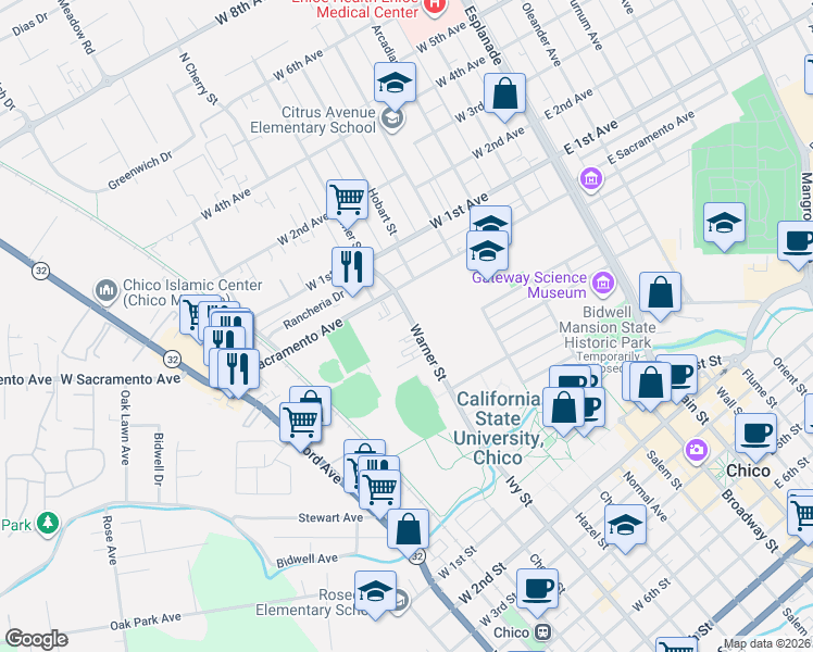 map of restaurants, bars, coffee shops, grocery stores, and more near 855 Warner Street in Chico