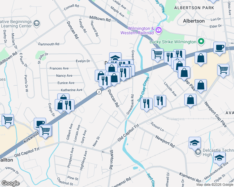 map of restaurants, bars, coffee shops, grocery stores, and more near 2107 Grafton Drive in Wilmington