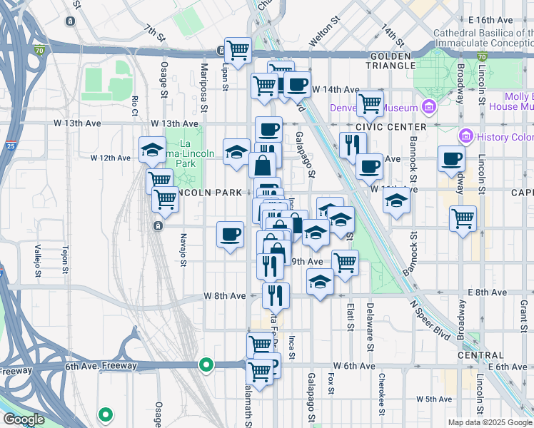 map of restaurants, bars, coffee shops, grocery stores, and more near 937 Santa Fe Drive in Denver