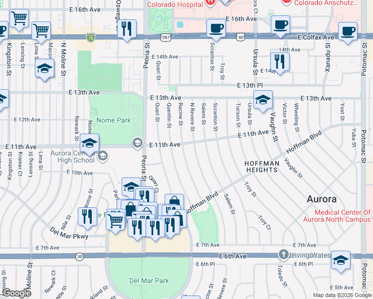 map of restaurants, bars, coffee shops, grocery stores, and more near 1023 Racine Street in Aurora