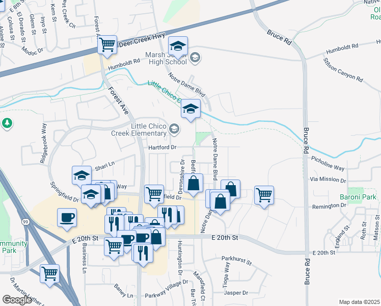 map of restaurants, bars, coffee shops, grocery stores, and more near 2099 Hartford Drive in Chico