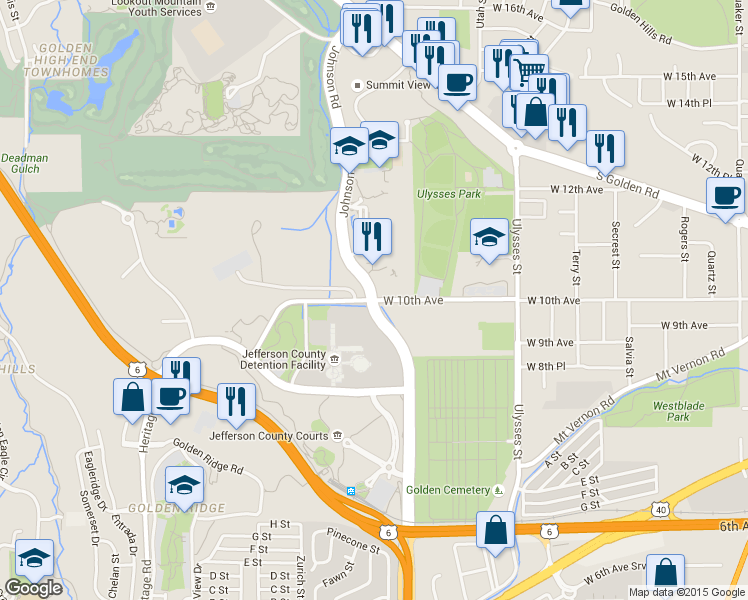 map of restaurants, bars, coffee shops, grocery stores, and more near 1000 Johnson Road in Golden