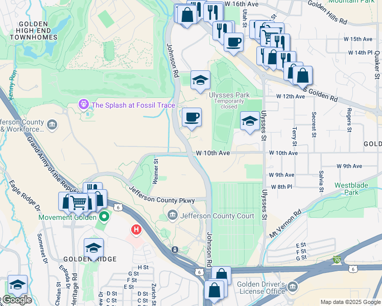 map of restaurants, bars, coffee shops, grocery stores, and more near 1000 Johnson Road in Golden