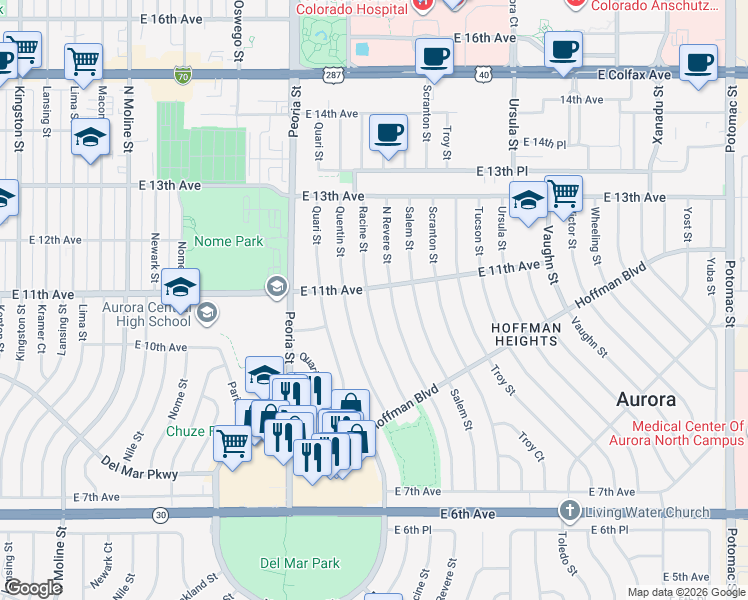 map of restaurants, bars, coffee shops, grocery stores, and more near 1023 Racine Street in Aurora