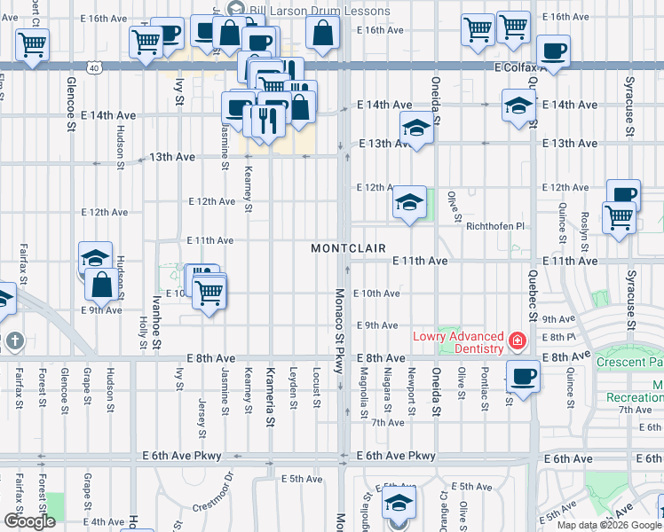 map of restaurants, bars, coffee shops, grocery stores, and more near 1015 North Monaco Parkway in Denver