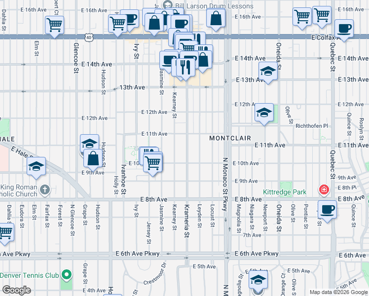 map of restaurants, bars, coffee shops, grocery stores, and more near 1006 Krameria Street in Denver