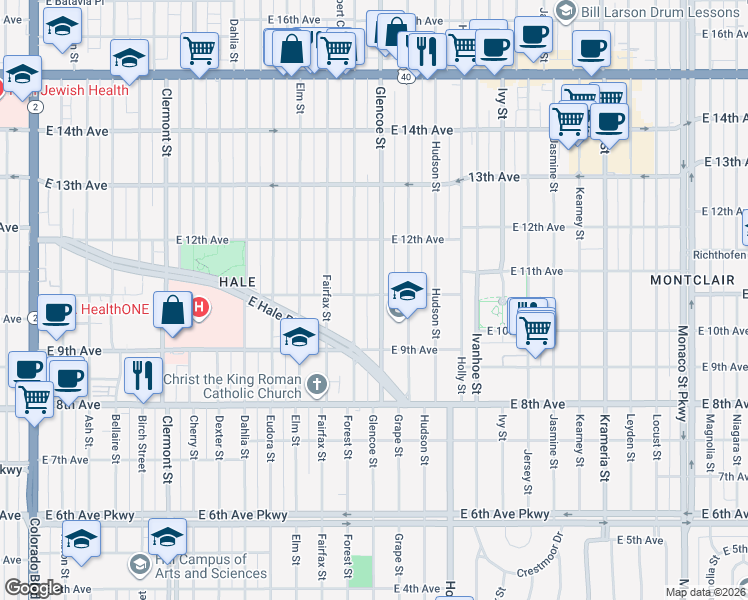 map of restaurants, bars, coffee shops, grocery stores, and more near 930 Forest Street in Denver