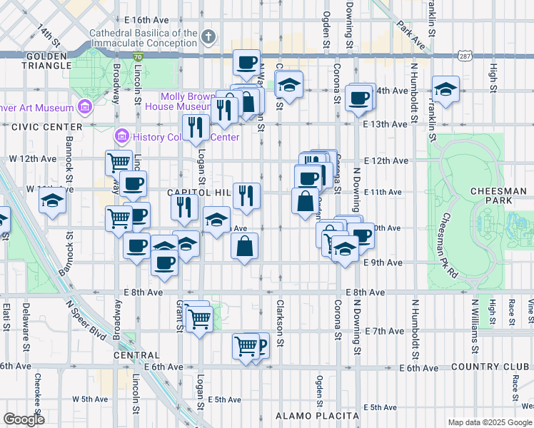 map of restaurants, bars, coffee shops, grocery stores, and more near 975 North Washington Street in Denver