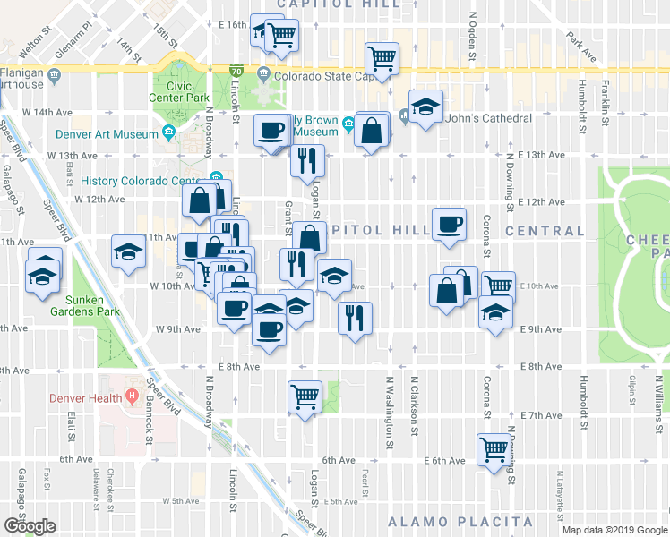 map of restaurants, bars, coffee shops, grocery stores, and more near 420 East 10th Avenue in Denver