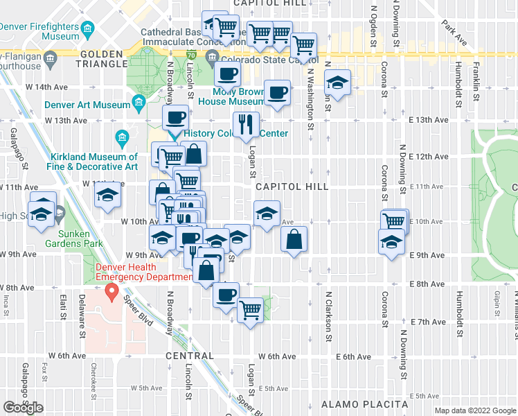 map of restaurants, bars, coffee shops, grocery stores, and more near 420 East 10th Avenue in Denver