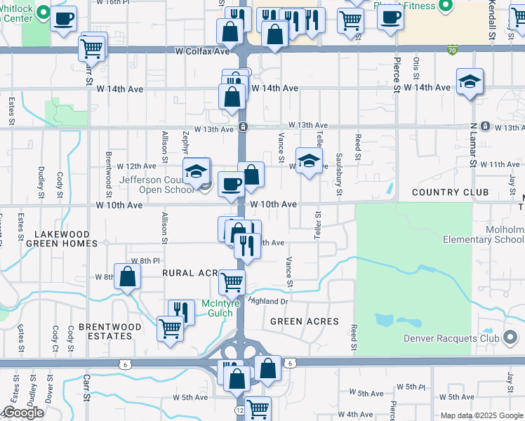map of restaurants, bars, coffee shops, grocery stores, and more near 7440 West 10th Avenue in Lakewood