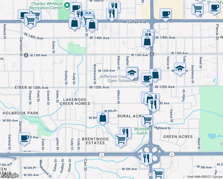 map of restaurants, bars, coffee shops, grocery stores, and more near 947 Allison Street in Lakewood
