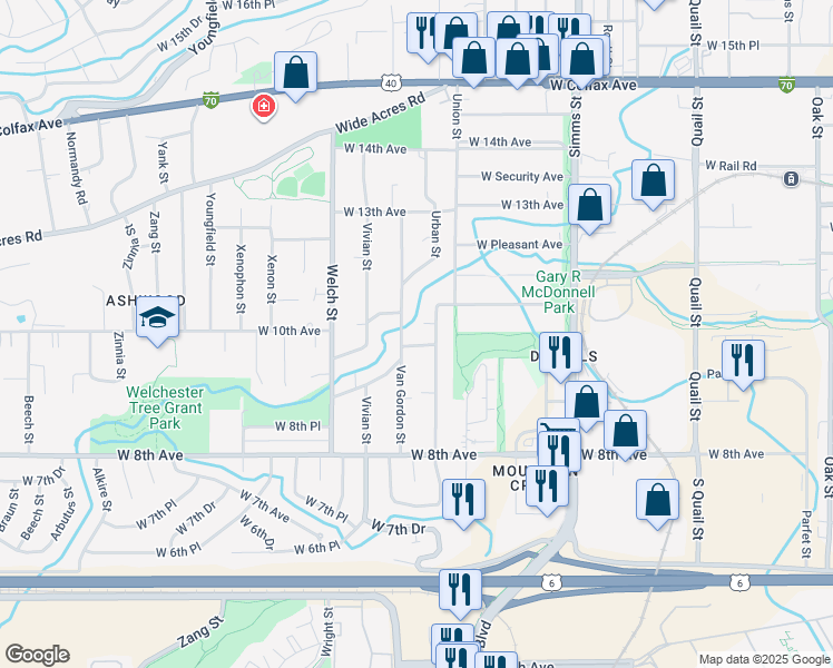 map of restaurants, bars, coffee shops, grocery stores, and more near 12132 Viewpoint Drive in Golden