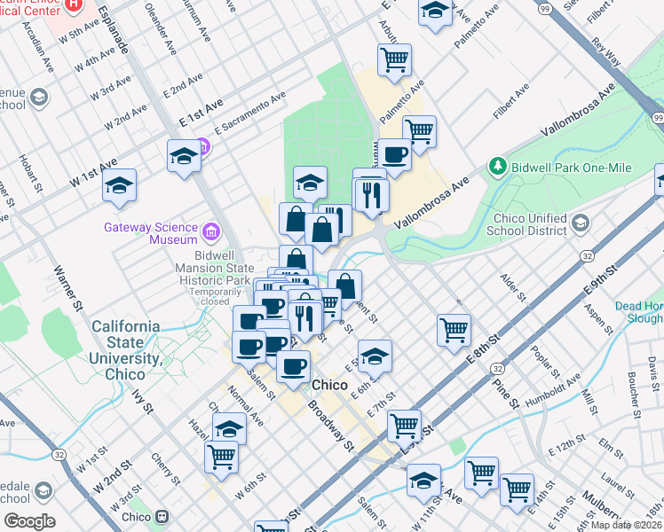 map of restaurants, bars, coffee shops, grocery stores, and more near 229 Orient Street in Chico