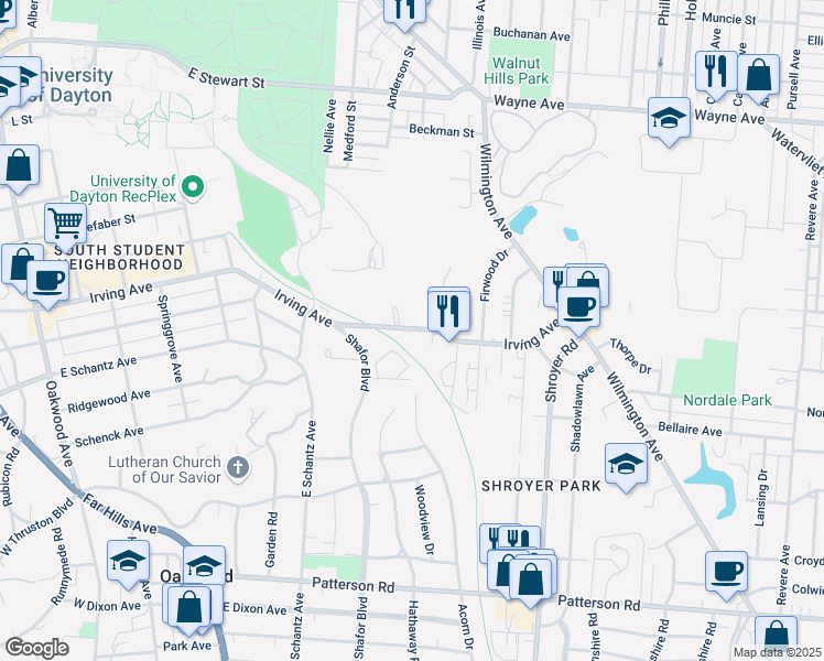 map of restaurants, bars, coffee shops, grocery stores, and more near 41 Irving Avenue in Dayton