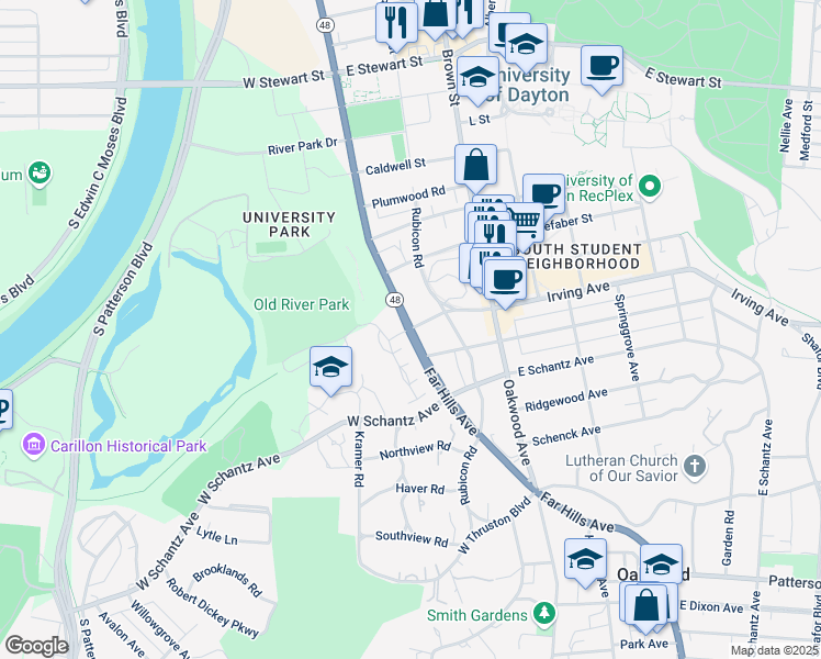 map of restaurants, bars, coffee shops, grocery stores, and more near 170 Point Oakwood Way in Dayton