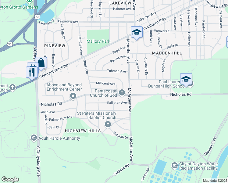 map of restaurants, bars, coffee shops, grocery stores, and more near 2946 Nicholas Road in Dayton